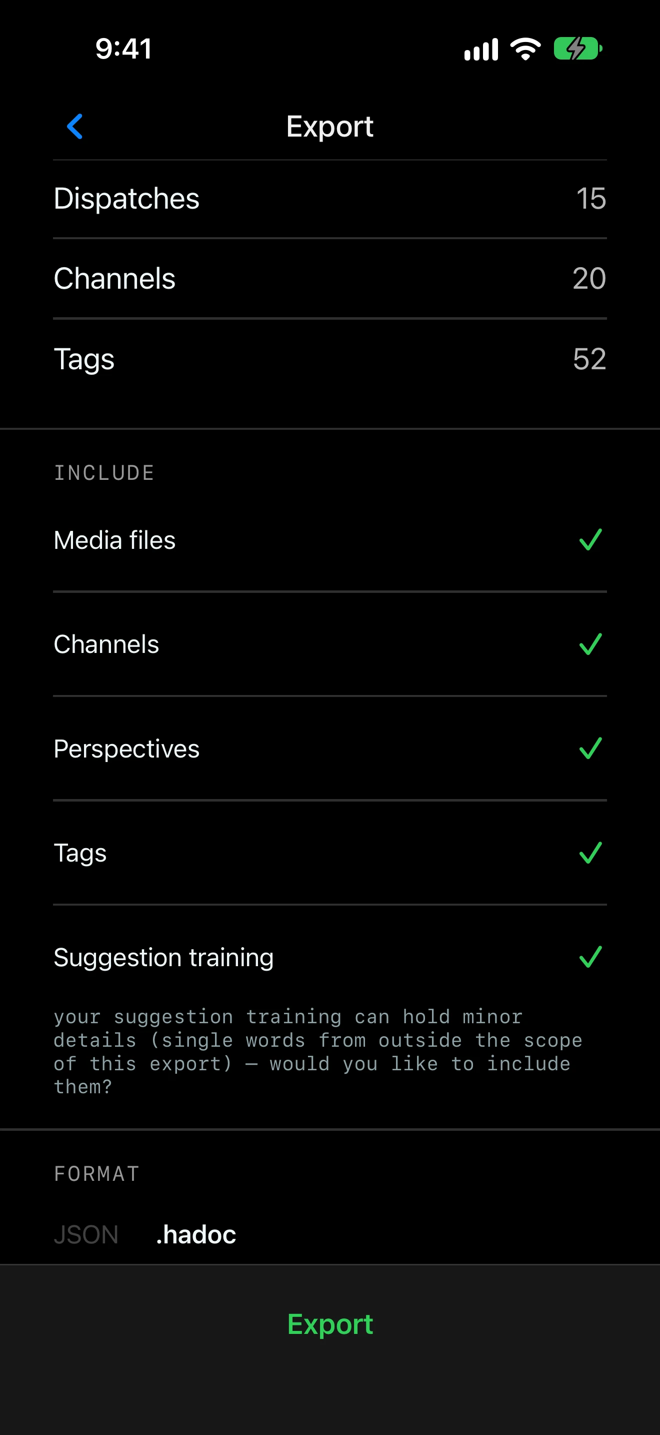 Export: 15 dispatches, 20 channels and 52 tags, with their media, as a .hadoc file