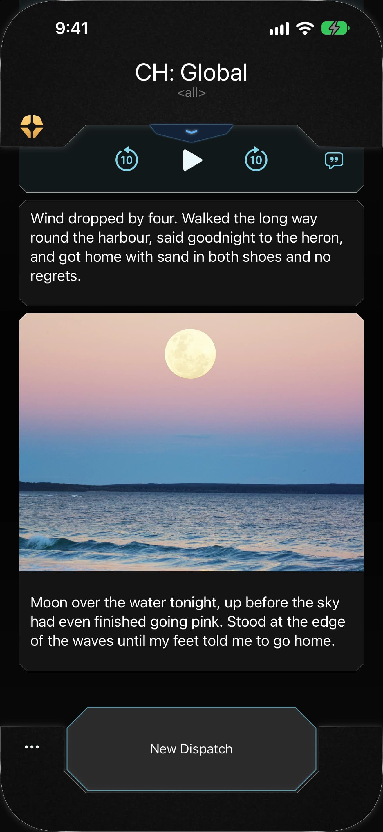 Hadoc's global channel: a recording, a text dispatch, and a photo of the moon over the sea with its note