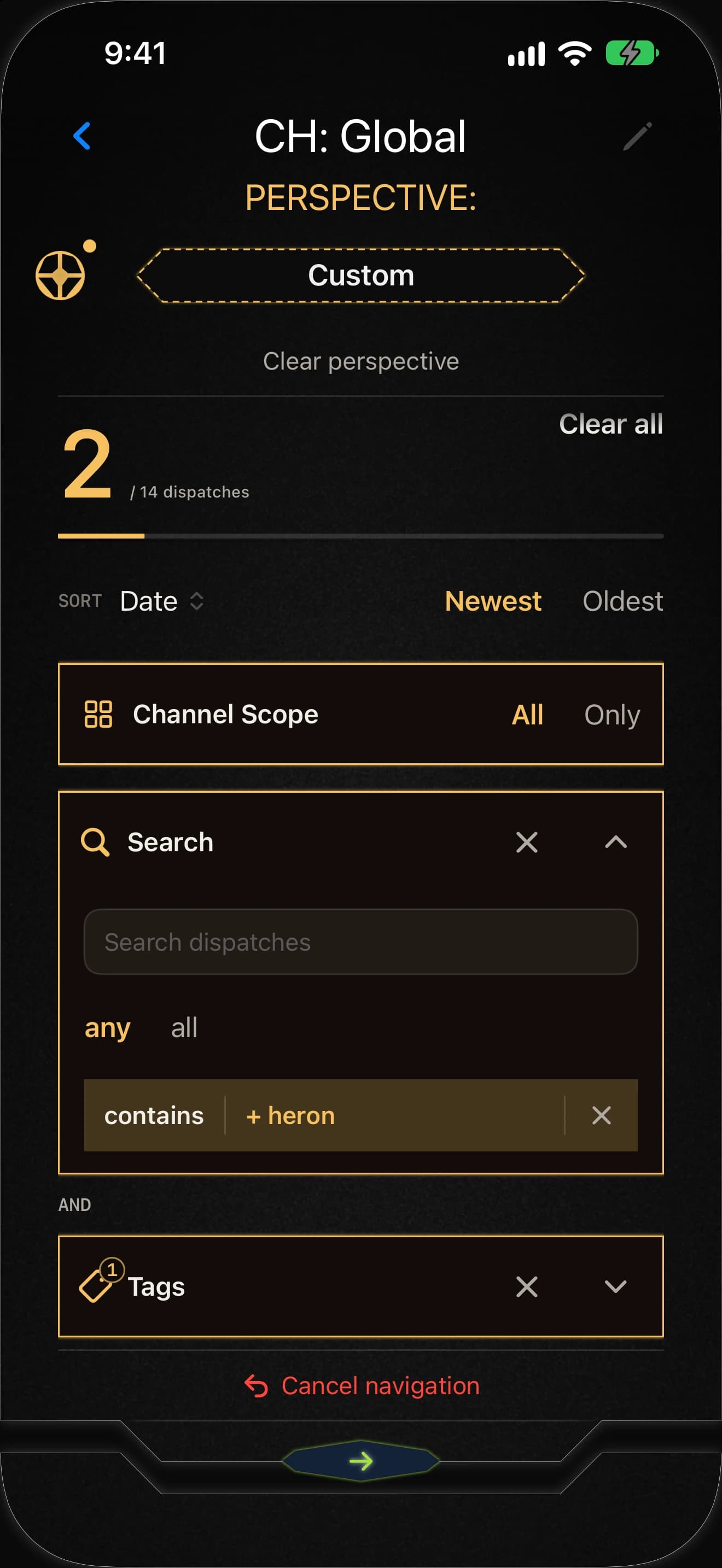 A custom perspective on the global channel: 2 of 14 dispatches, found by searching for heron